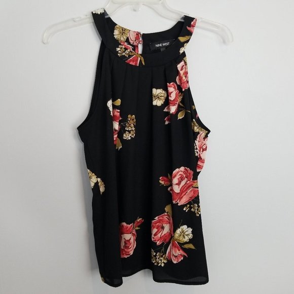 Nine West Halter Tank Top  Black Pink Floral Small - Picture 1 of 11